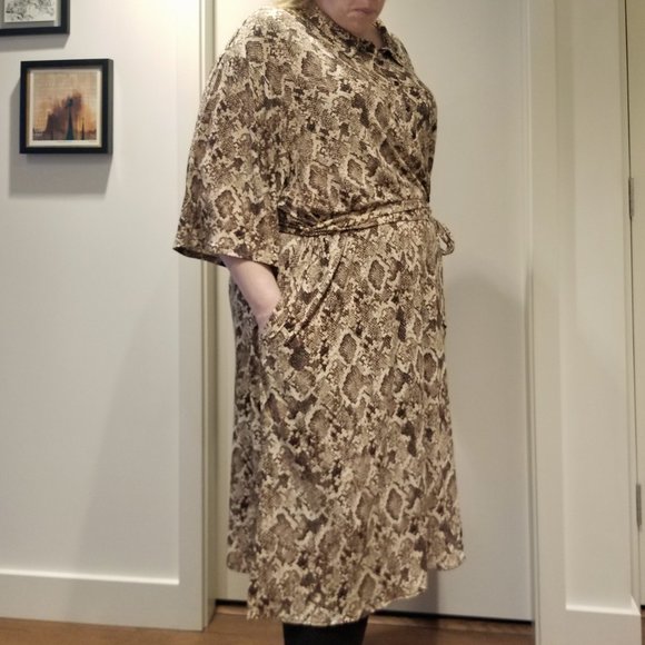 Brown Snake-print Dress with Collar and Tie Waist - Picture 2 of 9